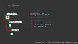 try! Swift 2019 | Lea Marolt Sonnenschein | @hellosunschein
struct Checkbox: View {
@Binding var filter: Filter
var body: some View {
Button(action: {
self.filter.isOn.toggle()
}) {
if filter.isOn { OnView() }
else { OffView() }
}
}
}
TitleCheckbox
Checkbox
FiltersView
Data Flow/
 
