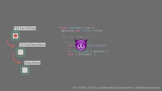 try! Swift 2019 | Lea Marolt Sonnenschein | @hellosunschein
struct Checkbox: View {
@Binding var filter: Filter
var body: some View {
Button(action: {
self.filter.isOn.toggle()
}) {
if filter.isOn { OnView() }
else { OffView() }
}
}
}
TitleCheckbox
Checkbox
FiltersView
👿
Data Flow/
 