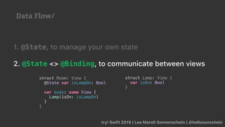 try! Swift 2019 | Lea Marolt Sonnenschein | @hellosunschein
1. @State, to manage your own state
2. @State <> @Binding, to communicate between views
struct Lamp: View {
var isOn: Bool
}
struct Room: View {
@State var isLampOn: Bool
var body: some View {
Lamp(isOn: isLampOn)
}
}
Data Flow/
 