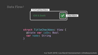 try! Swift 2019 | Lea Marolt Sonnenschein | @hellosunschein
TitleCheckbox
Checkbox
struct TitleCheckbox: View {
@State var isOn: Bool
var name: String
}
Data Flow/
 