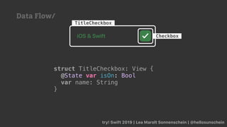 try! Swift 2019 | Lea Marolt Sonnenschein | @hellosunschein
TitleCheckbox
Checkbox
struct TitleCheckbox: View {
@State var isOn: Bool
var name: String
}
Data Flow/
 