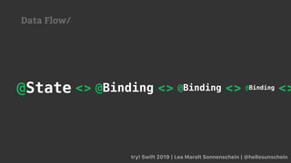 try! Swift 2019 | Lea Marolt Sonnenschein | @hellosunschein
@State @Binding @Binding @Binding<> <> <> <>
Data Flow/
 