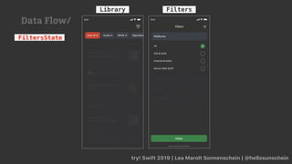 try! Swift 2019 | Lea Marolt Sonnenschein | @hellosunschein
Library Filters
FiltersState
Data Flow/
 