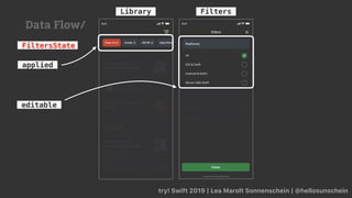 try! Swift 2019 | Lea Marolt Sonnenschein | @hellosunschein
Library Filters
FiltersState
editable
applied
Data Flow/
 