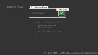 try! Swift 2019 | Lea Marolt Sonnenschein | @hellosunschein
TitleCheckbox
Checkbox
Data Flow/
struct TitleCheckbox: View {
@State var isOn: Bool
var name: String
var body: some View {...}
}
 