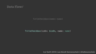try! Swift 2019 | Lea Marolt Sonnenschein | @hellosunschein
TitleCheckbox(name: name)
TitleCheckbox(isOn: $isOn, name: name)
Data Flow/
 