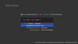 try! Swift 2019 | Lea Marolt Sonnenschein | @hellosunschein
@EnvironmentObject var state: FiltersState
Data Flow/
 