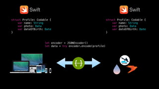 struct Profile: Codable {
var name: String
var photo: Data
var dateOfBirth: Date
}
Swift Swift
let encoder = JSONEncoder()
let data = try encoder.encode(profile)
KITURA
struct Profile: Codable {
var name: String
var photo: Data
var dateOfBirth: Date
}
struct Profile: Codable {
var name: String
var photo: Data
var dateOfBirth: Date
}
 