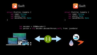 struct Profile: Codable {
var name: String
var photo: Data
var dateOfBirth: Date
}
Swift Swift
let decoder = JSONDecoder()
let person = try decoder.decode(Person.self, from: jsonData)
KITURA
struct Profile: Codable {
var name: String
var photo: Data
var dateOfBirth: Date
}
struct Profile: Codable {
var name: String
var photo: Data
var dateOfBirth: Date
}
 