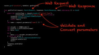 router.get(“/profile", handler: getProfile)
func getProfile(request: RouterRequest, response: RouterResponse, next: @escaping () -> Void)
{
guard let contentType = request.headers["Content-Type"],
contentType.hasPrefix("application/json") else {
response.status(.unsupportedMediaType)
response.send(error)
return next()
}
let name = request.parameters["name"] ?? ""
let encoder = JSONEncoder()
let profile = profileStore[name]
var data: Data
do {
data = try encoder.encode(profile)
} catch let error {
response.status(.unprocessableEntity)
response.send(error)
next()
}
response.send(data)
next()
}
Web Request
Web Response
Validate and
Convert parameters
 