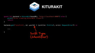 guard let backend = KituraKit(baseURL: "http://localhost:8080") else {
print("Error creating KituraKit client")
return
}
backend.get("/profile", id: userId) { (profile: Profile?, error: RequestError?) in
...
}
KITURAKIT
Swift Type
(Identifier)
 