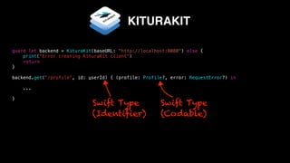 guard let backend = KituraKit(baseURL: "http://localhost:8080") else {
print("Error creating KituraKit client")
return
}
backend.get("/profile", id: userId) { (profile: Profile?, error: RequestError?) in
...
}
KITURAKIT
Swift Type
(Codable)
Swift Type
(Identifier)
 