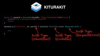 guard let backend = KituraKit(baseURL: "http://localhost:8080") else {
print("Error creating KituraKit client")
return
}
backend.get("/profile", id: userId) { (profile: Profile?, error: RequestError?) in
...
}
KITURAKIT
Swift Type
(Codable)
Swift Type
(RequestError)Swift Type
(Identifier)
 