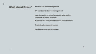 What about Errors? An error can happen anywhere
We want central error management
Near the point of entry, to provide alter...