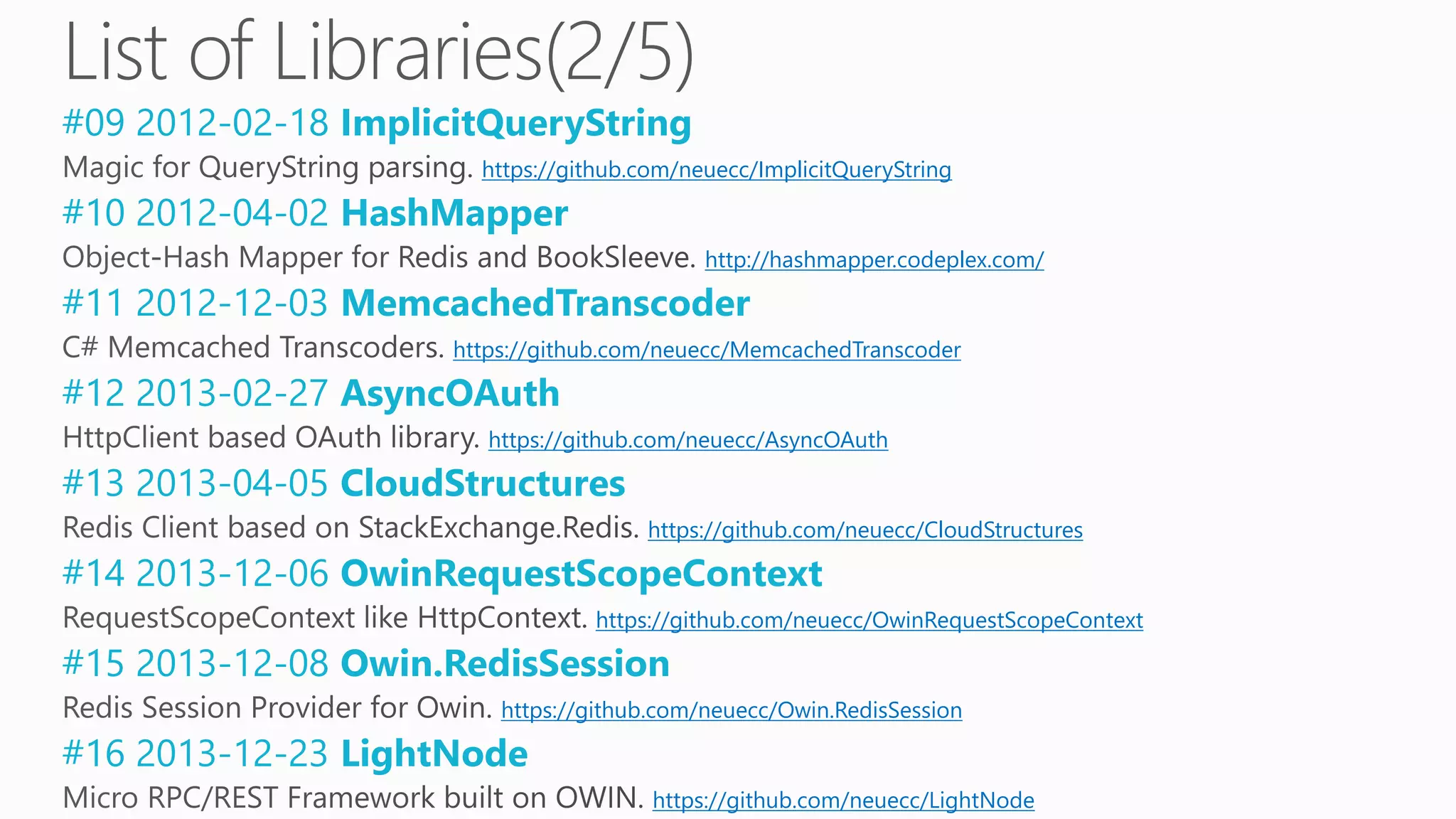#09 2012-02-18 ImplicitQueryString
https://github.com/neuecc/ImplicitQueryString
#10 2012-04-02 HashMapper
http://hashmapper.codeplex.com/
#11 2012-12-03 MemcachedTranscoder
https://github.com/neuecc/MemcachedTranscoder
#12 2013-02-27 AsyncOAuth
https://github.com/neuecc/AsyncOAuth
#13 2013-04-05 CloudStructures
https://github.com/neuecc/CloudStructures
#14 2013-12-06 OwinRequestScopeContext
https://github.com/neuecc/OwinRequestScopeContext
#15 2013-12-08 Owin.RedisSession
https://github.com/neuecc/Owin.RedisSession
#16 2013-12-23 LightNode
https://github.com/neuecc/LightNode
 