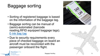 • Sorting of registered baggage is based
on the information of the baggage tag.
• Baggage sorting can be manual of
(semi)-automated (barcode
reading,RFID equipped baggage tags).
E-ink bag tag
• Due to security requirements every
piece of checked baggage on board an
aircraft must be reconciled with the
passenger onboard the flight.
6
Baggage sorting
Baggage Handling
 