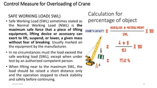 SAFE WORKING LOAD( SWL)
• Safe Working Load (SWL) sometimes stated as
the Normal Working Load (NWL) is the
maximum safe force that a piece of lifting
equipment, lifting device or accessory can
exert to lift, suspend, or lower, a given mass
without fear of breaking. Usually marked on
the equipment by the manufacturer.
• In no circumstances must the load exceed the
safe working load (SWL), except when under
test by an authorized competent person.
• When lifting near to the maximum SWL, the
load should be raised a short distance only
and the operation stopped to check stability
and safety before continuing.
29-0-01-2024 14
Calculation for
percentage of object
Control Measure for Overloading of Crane
 