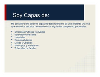 Soy Capas de:
Me considero una persona capas de desempeñarme de una exelente una vez
aya tenido los estudios necesario en los siguientes campos ocupacionales:

•   Empresas Públicas y privadas
•   consultorios de salud
•   Hospitales
•   Escuelas básicas
•   Liceos y Colegios
•   Municipios y ministerios
•   Tribunales de familia
 