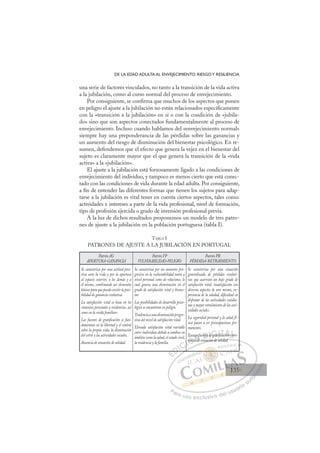 135
DE LA EDAD ADULTA AL ENVEJECIMIENTO: RIESGOY RESILIENCIA
una serie de factores vinculados, no tanto a la transición de la vida activa
a la jubilación, como al curso normal del proceso de envejecimiento.
Por consiguiente, se conﬁrma que muchos de los aspectos que ponen
en peligro el ajuste a la jubilación no están relacionados especíﬁcamente
con la «transición a la jubilación» en sí o con la condición de «jubila-
do» sino que son aspectos conectados fundamentalmente al proceso de
envejecimiento. Incluso cuando hablamos del «envejecimiento normal»
siempre hay una preponderancia de las pérdidas sobre las ganancias y
un aumento del riesgo de disminución del bienestar psicológico. En re-
sumen, defendemos que el efecto que genera la vejez en el bienestar del
sujeto es claramente mayor que el que genera la transición de la «vida
activa» a la «jubilación».
El ajuste a la jubilación está forzosamente ligado a las condiciones de
envejecimiento del individuo, y tampoco es menos cierto que está conec-
tado con las condiciones de vida durante la edad adulta. Por consiguiente,
a ﬁn de entender las diferentes formas que tienen los sujetos para adap-
tarse a la jubilación es vital tener en cuenta ciertos aspectos, tales como:
actividades e intereses a parte de la vida profesional, nivel de formación,
tipo de profesión ejercida o grado de inversión profesional previa.
A la luz de dichos resultados proponemos un modelo de tres patro-
nes de ajuste a la jubilación en la población portuguesa (tabla I).
TABLA I
PATRONES DE AJUSTE A LA JUBILACIÓN EN PORTUGAL
Patrón AG
APERTURA-GANANCIA
Patrón VP
VULNERABILIDAD-PELIGRO
Patrón PR
PÉRDIDA-RETRAIMIENTO
Se caracteriza por una actitud posi-
tiva ante la vida y por la apertura
al espacio exterior, a los demás y a
él mismo, combinando así elementos
básicos para que pueda existir la posi-
bilidad de ganancia evolutiva.
La satisfacción vital se basa en los
«intereses personales y residencia», así
como en la «vida familiar».
Las fuentes de gratiﬁcación se fun-
damentan en la libertad y el control
sobre la propia vida, la disminución
del estrés y las actividades sociales.
Ausencia de sensación de soledad.
Se caracteriza por un aumento pro-
gresivo en la vulnerabilidad tanto a
nivel personal como de relaciones, lo
cual genera una disminución en el
grado de satisfacción vital y bienes-
tar.
Las posibilidades de desarrollo psico-
lógico se encuentran en peligro.
Tendenciaaunadisminuciónprogre-
siva del nivel de satisfacción vital.
Elevada satisfacción vital variable
entre individuos debido a cambios en
ámbitos como la salud, el estado civil,
la residencia y la familia.
Se caracteriza por una situación
generalizada de pérdidas evoluti-
vas que acarrean un bajo grado de
satisfacción vital, insatisfacción con
diversos aspectos de uno mismo, ex-
periencia de la soledad, diﬁcultad en
disfrutar de las actividades cotidia-
nas y mayor retraimiento de las acti-
vidades sociales.
La seguridad personal y la salud fí-
sica pasan a ser preocupaciones per-
manentes.
Escasasfuentesdegratiﬁcaciónypre-
sencia de sensación de soledad.
sación de soledad.
s cia
Es asa
a d
sfu
e s
en sdeg a
e tiﬁ
ﬁcacióny
ypr
y
E
E
E
E
E
D
D
D
D
D
D
D
D
D
D
D
DI
IC
C
C
C
CI
I
I
IÓ
Ó
E
senci
senci
Óa
Ó
enc
Ó
Esca
E
E
Ó
Esca
Esc
sencia
senci
Ó
senc
senc N
sasf
sasf
a de
a de
asf
N
asasf
asasf
a de
a de
D
ntes
ntes
D
ntes
D
D
entes
entes
D
ntes
ntes I
d
d
I
de
de
egrat
G
egrat
egrat
G
gra
G
G
egrat
egratI
iﬁ
iﬁ
I
iﬁ
iﬁT
c
ﬁT
ac
T
ca
ca
T
ca
ca ón
A
ióny
ióny
Ay
A
ci
A
A
cióny
cióny
A
ó
ó L
p
p
L
pr
L
ypr
ypr
P
Pa
a
ar
r
ra
a
a u
us
so
o
o e
e
ex
x
x
xc
c
cl
lu
us
si
i
iv
v
v
vo
o
o d
de
el
l u
us
su
ua
ar
r
ri
io
o
a
au
u
ut
t
t
o
o
o
o
o
o
r
r
r
r
r
i
i
i
z
z
z
z
a
a
a
d
d
o
o
o
o
o
o
o
o
o
o
135
135
1
 