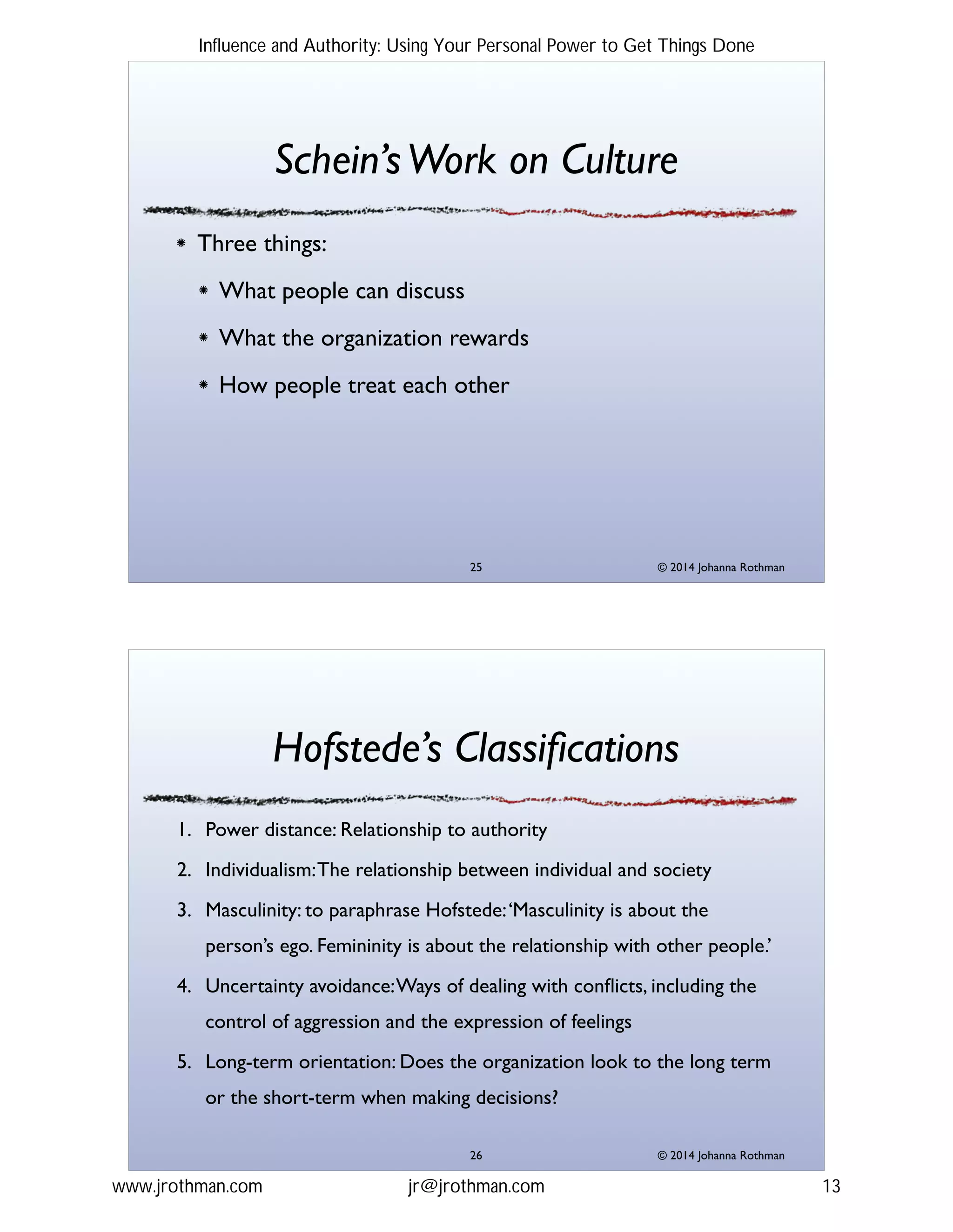 © 2014 Johanna Rothman
Schein’sWork on Culture
Three things:!
What people can discuss!
What the organization rewards!
How people treat each other
"25
© 2014 Johanna Rothman
Hofstede’s Classiﬁcations
1. Power distance: Relationship to authority!
2. Individualism:The relationship between individual and society!
3. Masculinity: to paraphrase Hofstede:‘Masculinity is about the
person’s ego. Femininity is about the relationship with other people.’!
4. Uncertainty avoidance:Ways of dealing with conﬂicts, including the
control of aggression and the expression of feelings !
5. Long-term orientation: Does the organization look to the long term
or the short-term when making decisions?
"26
Influence and Authority: Using Your Personal Power to Get Things Done
www.jrothman.com jr@jrothman.com 13
 