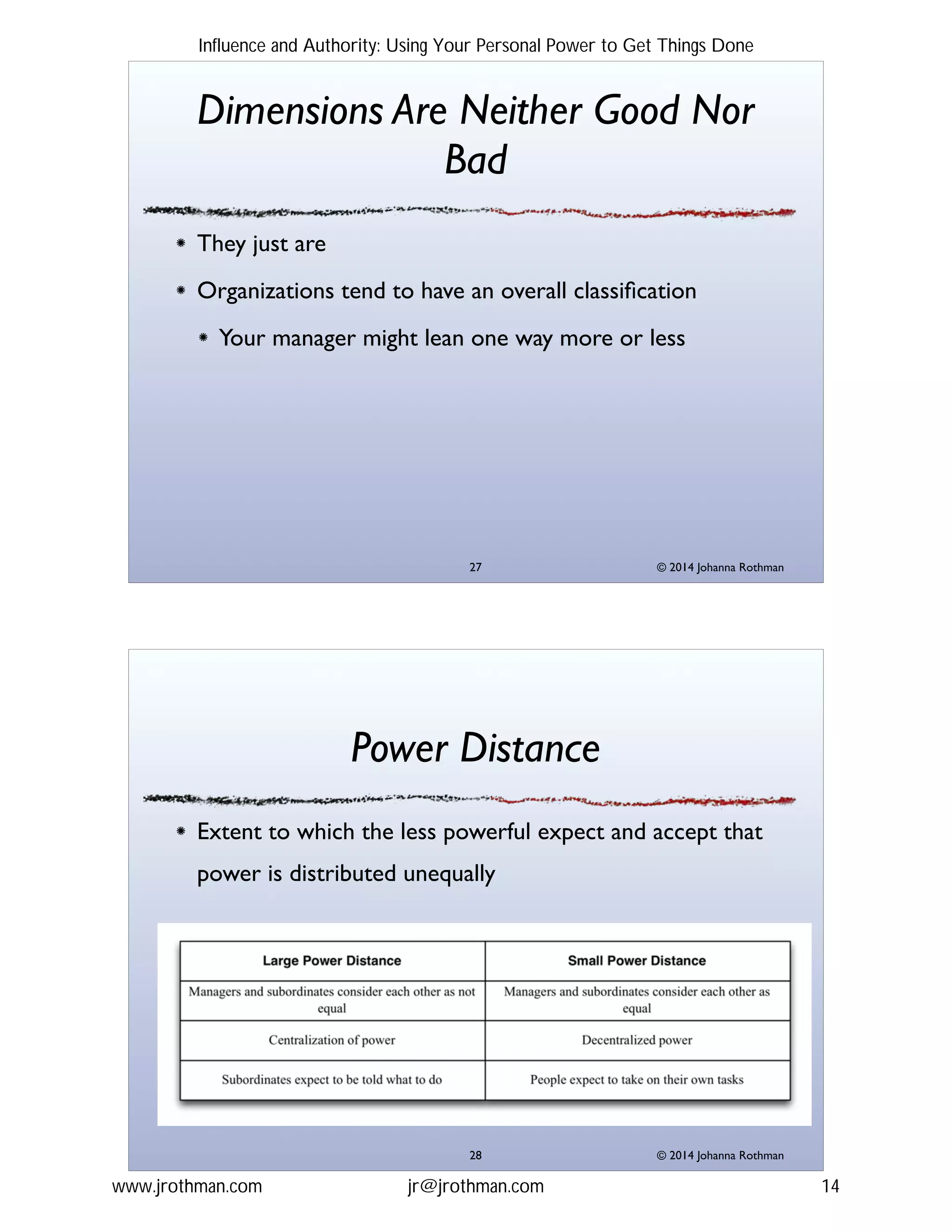 © 2014 Johanna Rothman
Dimensions Are Neither Good Nor
Bad
They just are!
Organizations tend to have an overall classiﬁcation!
Your manager might lean one way more or less
"27
© 2014 Johanna Rothman
Power Distance
Extent to which the less powerful expect and accept that
power is distributed unequally
"28
Influence and Authority: Using Your Personal Power to Get Things Done
www.jrothman.com jr@jrothman.com 14
 
