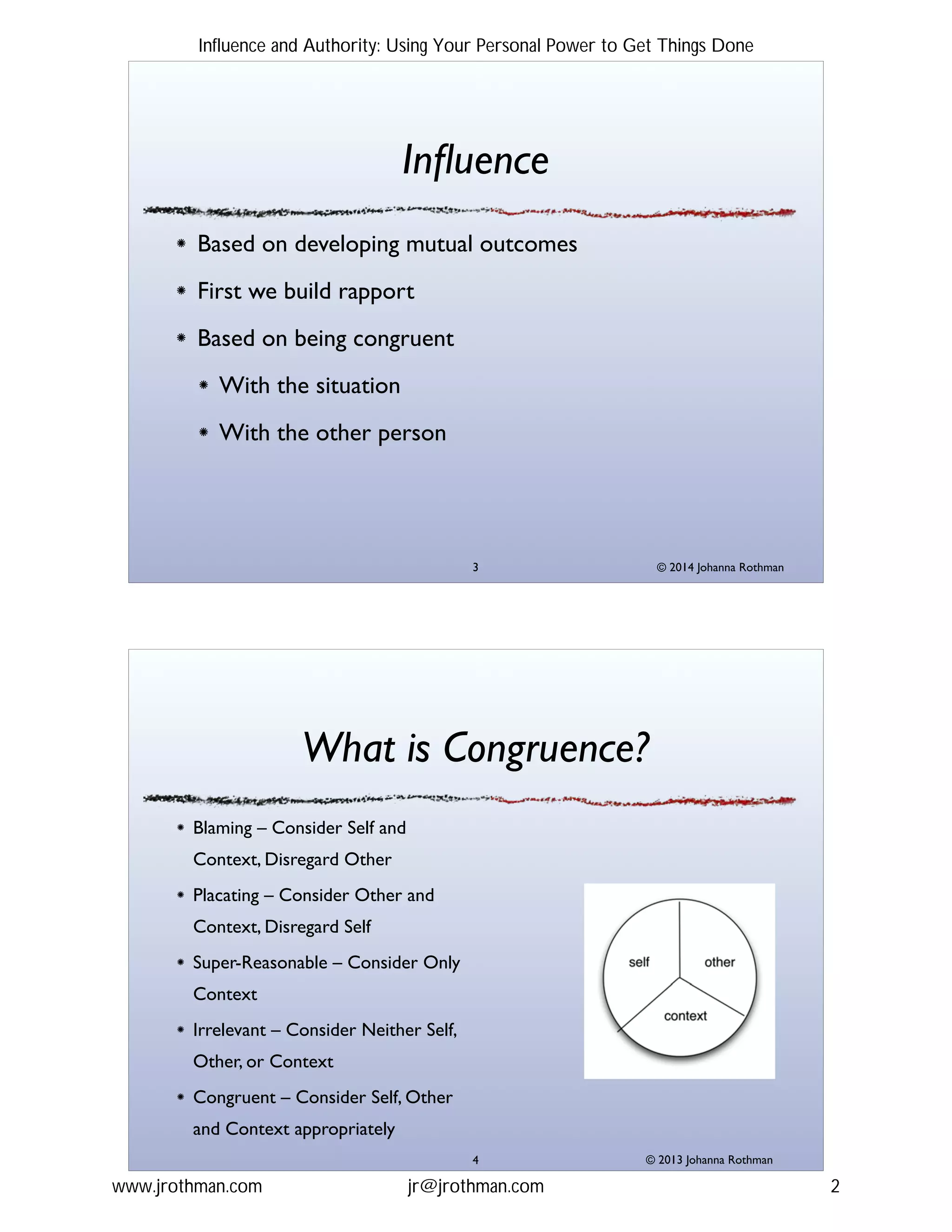 © 2014 Johanna Rothman
Inﬂuence
Based on developing mutual outcomes!
First we build rapport!
Based on being congruent!
With the situation!
With the other person
"3
© 2013 Johanna Rothman
What is Congruence?
Blaming – Consider Self and
Context, Disregard Other!
Placating – Consider Other and
Context, Disregard Self!
Super-Reasonable – Consider Only
Context!
Irrelevant – Consider Neither Self,
Other, or Context!
Congruent – Consider Self, Other
and Context appropriately
"4
Influence and Authority: Using Your Personal Power to Get Things Done
www.jrothman.com jr@jrothman.com 2
 