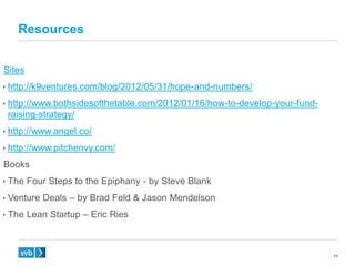 11
Sites
 http://k9ventures.com/blog/2012/05/31/hope-and-numbers/
 http://www.bothsidesofthetable.com/2012/01/16/how-to-develop-your-fund-
raising-strategy/
 http://www.angel.co/
 http://www.pitchenvy.com/
Books
 The Four Steps to the Epiphany - by Steve Blank
 Venture Deals – by Brad Feld & Jason Mendelson
 The Lean Startup – Eric Ries
Resources
 