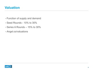 9
 Function of supply and demand
 Seed Rounds - 10% to 30%
 Series A Rounds – 15% to 30%
 Angel.co/valuations
Valuation
 