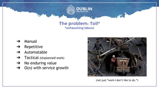The problem: Toil*
*exhausting labour
➔ Manual
➔ Repetitive
➔ Automatable
➔ Tactical (Unplanned work)
➔ No enduring value
➔ O(n) with service growth
(not just “work I don’t like to do.”)
 