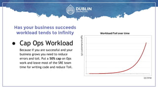 Has your business succeeds
workload tends to infinity
(x) time
● Cap Ops Workload
Because if you are successful and your
business grows you need to reduce
errors and toil. Put a 50% cap on Ops
work and leave most of the SRE team
time for writing code and reduce Toil.
(y)customers/traffic
Workload/Toil over time
 