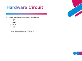 • Some basics of hardware Circuit/Gate
• OR
• AND
• NOT
• XOR
What are the function of Circuit ?
 