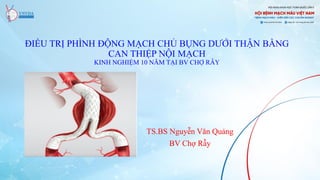 ĐIỀU TRỊ PHÌNH ĐỘNG MẠCH CHỦ BỤNG DƯỚI THẬN BẰNG
CAN THIỆP NỘI MẠCH
KINH NGHIỆM 10 NĂM TẠI BV CHỢ RẪY
TS.BS Nguyễn Văn Quảng
BV Chợ Rẫy
 