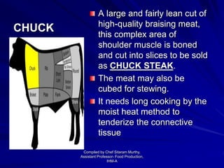 CHUCK
A large and fairly lean cut of
high-quality braising meat,
this complex area of
shoulder muscle is boned
and cut into slices to be sold
as CHUCK STEAK.
The meat may also be
cubed for stewing.
It needs long cooking by the
moist heat method to
tenderize the connective
tissue
Compiled by Chef Sitaram Murthy,
Assistant Professor- Food Production,
IHM-A
 