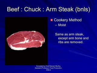 Beef : Chuck : Arm Steak (bnls)
Cookery Method
– Moist
Same as arm steak,
except arm bone and
ribs are removed.
Compiled by Chef Sitaram Murthy,
Assistant Professor- Food Production,
IHM-A
 