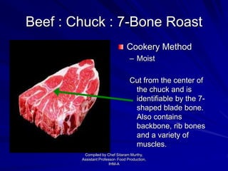 Beef : Chuck : 7-Bone Roast
Cookery Method
– Moist
Cut from the center of
the chuck and is
identifiable by the 7-
shaped blade bone.
Also contains
backbone, rib bones
and a variety of
muscles.
Compiled by Chef Sitaram Murthy,
Assistant Professor- Food Production,
IHM-A
 