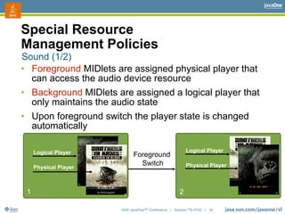 2006 JavaOneSM
Conference | Session TS-3742 | 34
Sound (1/2)
Special Resource
Management Policies
• Foreground MIDlets are...
