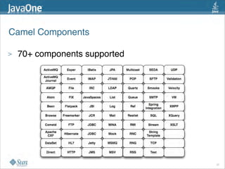 Camel Components

>    70+ components supported




                                22
 