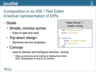 Composition in an IDE / Text Editor
A textual representation of EIPs
>   Goals                                                     "Hello World 1" - 
                                                               simple routing
    • Simple, concise syntax
        • Easy to type and read
    •   Top-down design
        • Generate service templates 
    • Concept
        •   used to declare and conﬁgure services, routing
            •   Sets up services and routing at deployment time;
                NOT interpreted on the ﬂy at runtime



                                                                                   27
 