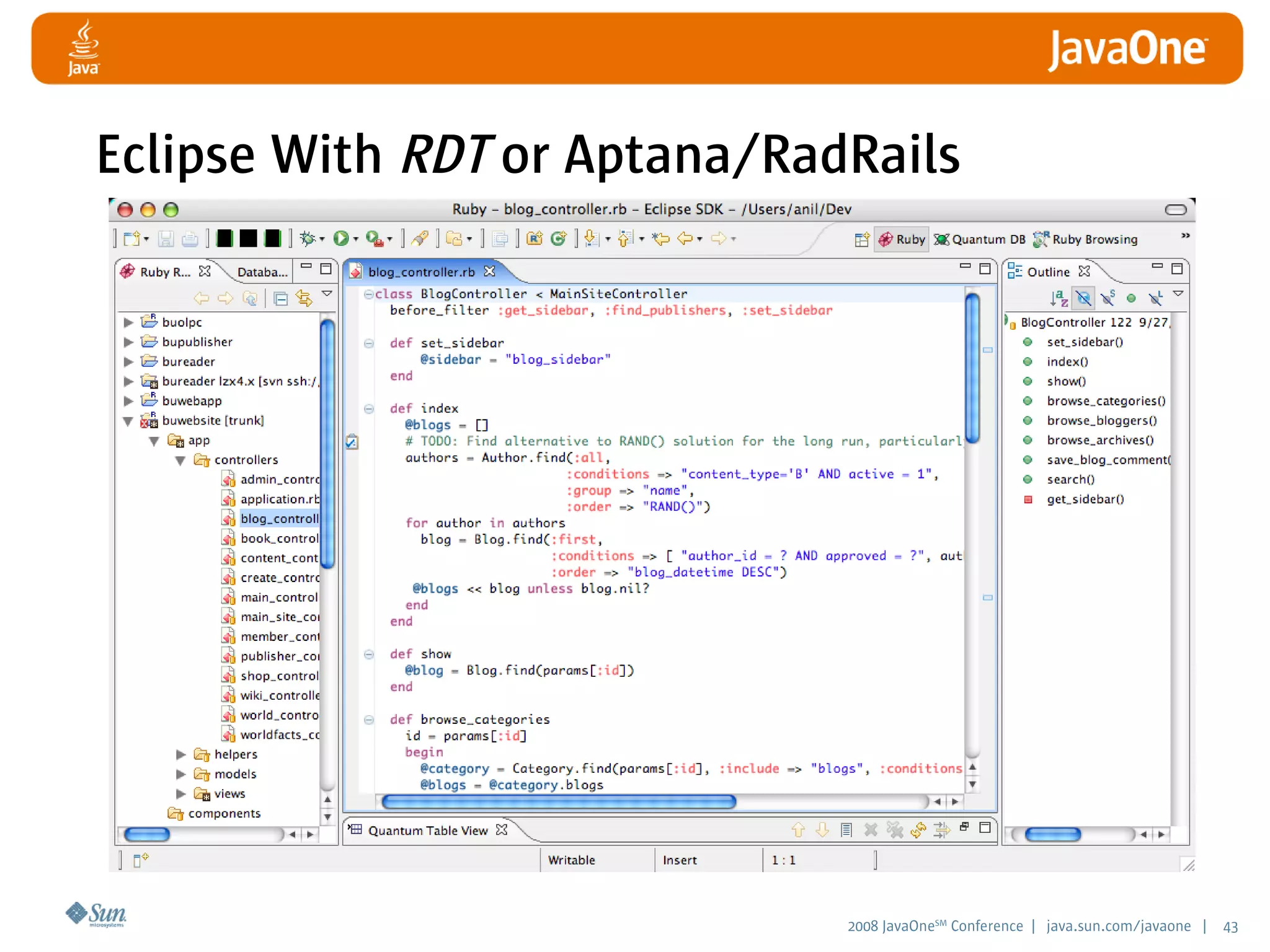 2008 JavaOneSM
Conference | java.sun.com/javaone | 43
Eclipse With RDT or Aptana/RadRails
 