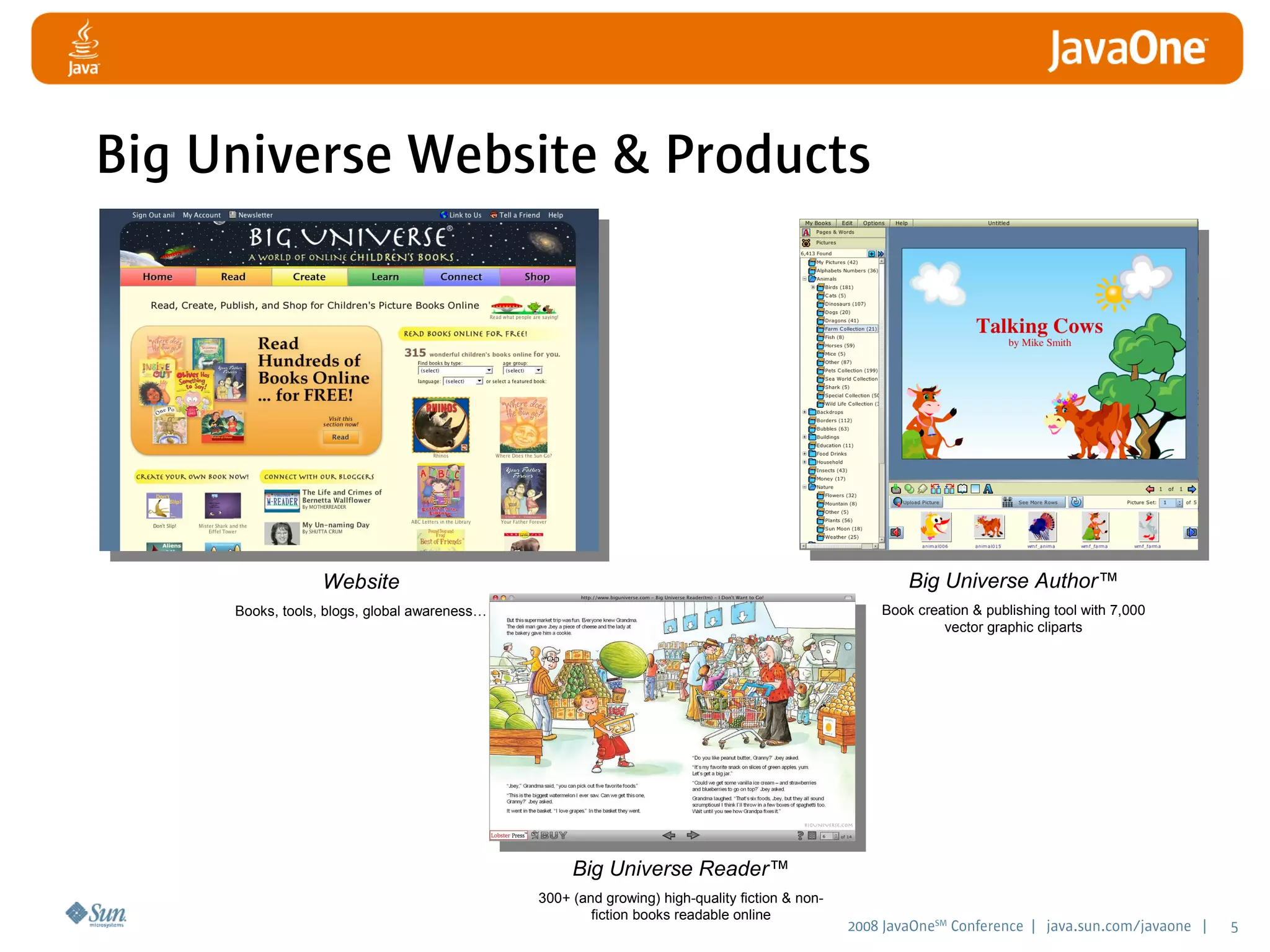 2008 JavaOneSM
Conference | java.sun.com/javaone | 5
Big Universe Website  Products
Website
Books, tools, blogs, global awareness…
Big Universe Author™
Book creation  publishing tool with 7,000
vector graphic cliparts
Big Universe Reader™
300+ (and growing) high-quality fiction  non-
fiction books readable online
 
