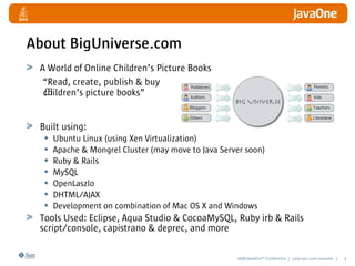 2008 JavaOneSM
Conference | java.sun.com/javaone | 4
About BigUniverse.com
A World of Online Children’s Picture Books

Built using:
• Ubuntu Linux (using Xen Virtualization)
• Apache  Mongrel Cluster (may move to Java Server soon)
• Ruby  Rails
• MySQL
• OpenLaszlo
• DHTML/AJAX
• Development on combination of Mac OS X and Windows
Tools Used: Eclipse, Aqua Studio  CocoaMySQL, Ruby irb  Rails
script/console, capistrano  deprec, and more
“Read, create, publish  buy
children’s picture books”
 