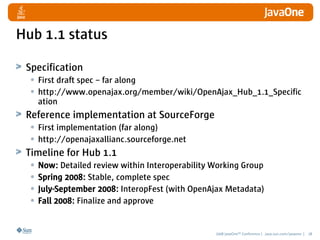 Hub 1.1 status

 Specification
  • First draft spec – far along
  • http://www.openajax.org/member/wiki/OpenAjax_Hub_1.1_S...