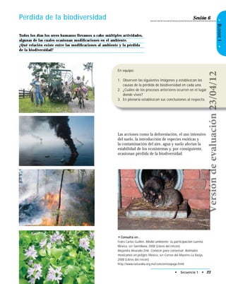 • Secuencia 1 • 23• Características generales de los seres vivos
•BLOQUEI•
Pérdida de la biodiversidad
Las acciones como la deforestación, el uso intensivo
del suelo, la introducción de especies exóticas y
la contaminación del aire, agua y suelo afectan la
estabilidad de los ecosistemas y, por consiguiente,
ocasionan pérdida de la biodiversidad.
Sesión 6
Todos los días los seres humanos llevamos a cabo múltiples actividades,
algunas de las cuales ocasionan modiﬁcaciones en el ambiente.
¿Qué relación existe entre las modiﬁcaciones al ambiente y la pérdida
de la biodiversidad?
En equipo:
1. Observen las siguientes imágenes y establezcan las
causas de la pérdida de biodiversidad en cada una.
2. ¿Cuáles de los procesos anteriores ocurren en el lugar
donde vives?
3. En plenaria establezcan sus conclusiones al respecto.
• Consulta en…
Fedro Carlos Guillén, Medio ambiente: tu participación cuenta,
México, SEP-Santillana, 2008 (Libros del rincón).
Alejandra Alvarado Zink, Conocer para conservar. Animales
mexicanos en peligro, México, SEP-Correo del Maestro-La Vasija,
2008 (Libros del rincón).
http://www.naturalia.org.mx/concientizapage.html
Versióndeevaluación23/04/12
 
