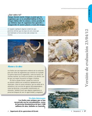 •BLOQUEI•
• Importancia de las aportaciones de Darwin • Secuencia 2 • 27
¿Qué sabes tú?
Aunque durante mucho tiempo se pensó que los
organismos que en la actualidad habitan la Tierra
siempre habían sido los mismos, existen pruebas de
que distintos tipos de organismos han aparecido y
desaparecido de nuestro planeta a través del tiempo.
Un dato interesante
Los fósiles más antiguos que se han
encontrado son los estromatolitos, restos
de bacterias fotosintéticas de hace 3 500
millones de años, hallados en Australia.
➤
Manos a la obra
Los fósiles son una importante evidencia de la evolución,
pues son restos de organismos que vivieron en el pasado.
Las partes duras de los organismos, como los huesos, las
conchas marinas, los troncos de árboles o los dientes, son
las que con mayor frecuencia se llegan a fosilizar.
Un fósil se puede formar cuando los restos de
un animal o planta son recubiertos rápidamente por
materiales, como la ceniza volcánica, que los aíslan de la
atmósfera y de la acción de agentes descomponedores,
como las bacterias, y así pueden transformarse en
minerales. También ocurre que algunos organismos se
preservan después de caer en agua helada y congelarse.
En equipos expliquen algunas evidencias que
permitan afirmar que los tipos de seres vivos que
han habitado la Tierra no han sido siempre los
mismos.
Versióndeevaluación23/04/12
 