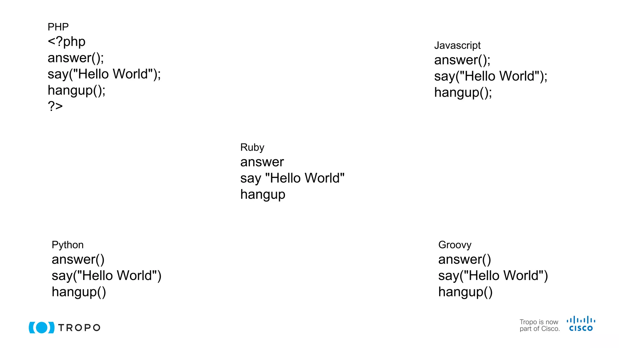 PHP
<?php
answer();
say("Hello World");
hangup();
?>
Javascript
answer();
say("Hello World");
hangup();
Ruby
answer
say "Hello World"
hangup
Python
answer()
say("Hello World")
hangup()
Groovy
answer()
say("Hello World")
hangup()
 