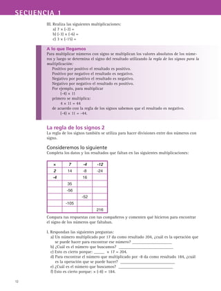 SECUENCIA 1
12
III. Realiza las siguientes multiplicaciones:
a) 7 × (-2) =
b) (-3) × (-6) =
c) 3 × (-15) =
A lo que llegamos
Para multiplicar números con signo se multiplican los valores absolutos de los núme-
ros y luego se determina el signo del resultado utilizando la regla de los signos para la
multiplicación:
Positivo por positivo el resultado es positivo.
Positivo por negativo el resultado es negativo.
Negativo por positivo el resultado es negativo.
Negativo por negativo el resultado es positivo.
Por ejemplo, para multiplicar
	 (-4) × 11
primero se multiplica:
	 4 × 11 = 44
de acuerdo con la regla de los signos sabemos que el resultado es negativo.
	 (-4) × 11 = -44.
La regla de los signos 2
La regla de los signos también se utiliza para hacer divisiones entre dos números con
signo.
Consideremos lo siguiente
Completa los datos y los resultados que faltan en las siguientes multiplicaciones:
× 7 -4 -12
2 14 -8 -24
-4 16
35
-56
-52
-105
216
Compara tus respuestas con tus compañeros y comenten qué hicieron para encontrar
el signo de los números que faltaban.
I. Respondan las siguientes preguntas:
a) Un número multiplicado por 17 da como resultado 204, ¿cuál es la operación que
se puede hacer para encontrar ese número? ___________________
b) ¿Cuál es el número que buscamos? __________________________
c) Esto es cierto porque: _____ × 17 = 204.
d) Para encontrar el número que multiplicado por -8 da como resultado 184, ¿cuál
es la operación que se puede hacer? __________________________
e) ¿Cuál es el número que buscamos? __________________________
f) Esto es cierto porque: × (-8) = 184.
 
