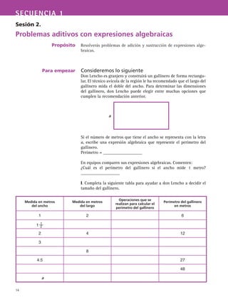 SECUENCIA 1
14
Resolverás problemas de adición y sustracción de expresiones alge-
braicas.
Consideremos lo siguiente
Don Lencho es granjero y construirá un gallinero de forma rectangu-
lar. El técnico avícola de la región le ha recomendado que el largo del
gallinero mida el doble del ancho. Para determinar las dimensiones
del gallinero, don Lencho puede elegir entre muchas opciones que
cumplen la recomendación anterior.
Si el número de metros que tiene el ancho se representa con la letra
a, escribe una expresión algebraica que represente el perímetro del
gallinero.
Perímetro = __________________
En equipos comparen sus expresiones algebraicas. Comenten:
¿Cuál es el perímetro del gallinero si el ancho mide 1 metro?
__________________
I. Completa la siguiente tabla para ayudar a don Lencho a decidir el
tamaño del gallinero.
Sesión 2.
Problemas aditivos con expresiones algebraicas
Propósito
Para empezar
a
Medida en metros
del ancho
Medida en metros
del largo
Operaciones que se
realizan para calcular el
perímetro del gallinero
Perímetro del gallinero
en metros
1 2 6
1 1
2
2 4 12
3
8
4.5 27
48
a
 