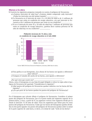 MATEMÁTICASMATEMÁTICAS
23
Manos a la obra
I. Contesta las siguientes preguntas tomando en cuenta el polígono de frecuencias.
a) ¿Cuántos intervalos de edad hay? ¿Cuántas edades comprende cada intervalo?
¿Todos los intervalos son del mismo tamaño? ____________
b) La frecuencia en el intervalo de entre 15 y 29 años de edad es de 11 millones de
personas que están en condición de rezago educativo, ¿en qué intervalo la fre-
cuencia es de 5 millones de personas que están en esa condición? ____________
c) Si en el intervalo de entre 45 y 59 años de edad hay 7 millones de personas que
están en condición de rezago educativo, ¿podrías decir cuántas personas de 50
años de edad hay en esa condición? ____________
d) Esta gráfica es un histograma. ¿Las alturas de las barras son iguales o diferentes?
__________________ ¿Qué indican? __________________
e) Compara el tamaño del ancho de las barras, ¿son iguales o diferentes?
_____________________________________________________________
¿Por qué crees que ocurre eso? ________________________________
Ahora, calca el histograma en una hoja de papel delgado y coloca la copia sobre el po-
lígono de frecuencia del apartado “Consideremos lo siguiente”.
f) ¿Qué puntos del polígono de frecuencias quedan cubiertos con las barras del his-
tograma? _________________________________________________
g) ¿En qué parte de las barras quedan los puntos del polígono de frecuencias?
_____________________________________________________________
En el histograma que calcaste dibuja el polígono de frecuencias. Considera el primer
punto del polígono de frecuencias, que es el punto medio del segmento superior de la
primera barra, y traza, a partir de él, un segmento vertical. Este segmento divide por la
mitad al intervalo 15-29 años de edad. Traza los segmentos que faltan para los otros
puntos del polígono de frecuencias. Cuida que las barras del histograma queden dividi-
das en dos partes iguales: los puntos del polígono de frecuencias quedan sobre la mitad
de la parte superior de cada barra, es decir, a la mitad de cada “techo de las barras”.
Población mexicana de 15 años y más
en condición de rezago educativo en el año 2000
Númerodepersonas
(enmillones)
Edades (en años)
Fuente: INEGI. XII Censo General de Población y Vivienda, 2000. Base de datos.
10
8
6
4
2
15-29
12
30-44 45-59 60-74 75-89
0
 