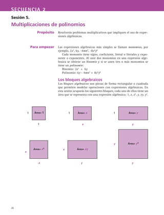 26
SECUENCIA 2
Sesión 5.
Multiplicaciones de polinomios
Propósito
Para empezar
Resolverás problemas multiplicativos que impliquen el uso de expre-
siones algebraicas.
Las expresiones algebraicas más simples se llaman monomios, por
ejemplo, 2x3
, 6y, -4mn3
, -8x2
y6
Cada monomio tiene signo, coeficiente, literal o literales y expo-
nente o exponentes. Al unir dos monomios en una expresión alge-
braica se obtiene un binomio y si se unen tres o más monomios se
tiene un polinomio:
Binomio: 2x3
+ 6y
Polinomio: 6y - 4mn3
+ 8x2
y6
Los bloques algebraicos
Los bloques algebraicos son piezas de forma rectangular o cuadrada
que permiten modelar operaciones con expresiones algebraicas. En
esta sesión ocuparás los siguientes bloques, cada uno de ellos tiene un
área que se representa con una expresión algebraica: 1, x, x2
, y, xy, y2
.
Área= y 2
y
y
Área= 11
1
Área= x1
x
Área= y1
y
Área= x 2
x
x
Área= xyx
y
 