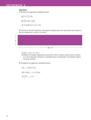 Ejercicios:
1. Realiza las siguientes multiplicaciones.
2. Calcula el área del siguiente rectángulo multiplicando las expresiones que represen-
tan las medidas de la base y la altura.
a) Área = (3y + 2) × (x) =
b) Dibuja los bloques algebraicos necesarios sobre la figura anterior para verificar
si el área obtenida mediante la multiplicación corresponde a los bloques utiliza-
dos para cubrirla.
3. Completa las siguientes multiplicaciones.
30
SECUENCIA 2
3y + 2
x
 